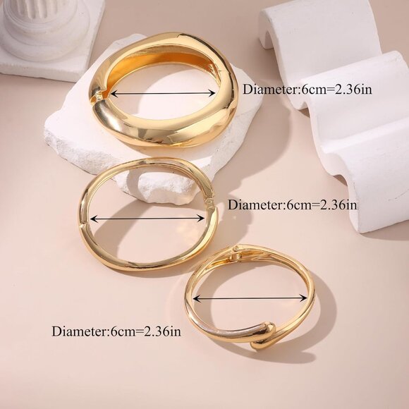 Gold Bangle Bracelets Set Women Chunky Wide Cuff Stack Statement Jewelry - Picture 6 of 7